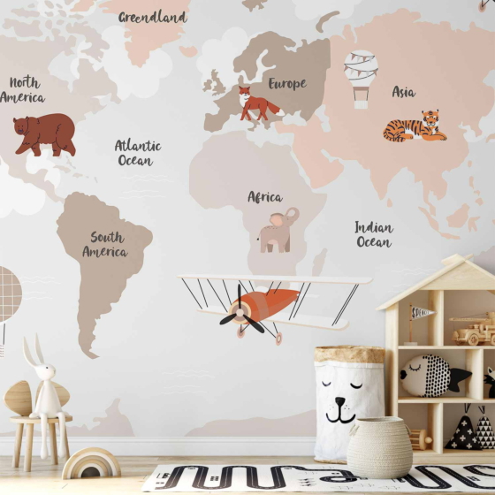 Φωτοταπετσαρια - Map In Shades Of Beige - Continents With Animals Αδιαβροχη 250x175cm