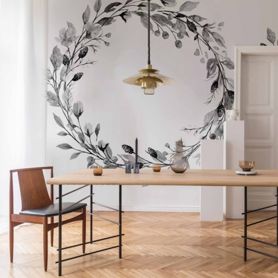 Φωτοταπετσαρια - Romantic Wreath - Grey Plant Motif With Leaves With Rose Pattern Αδιαβροχη 400x280cm