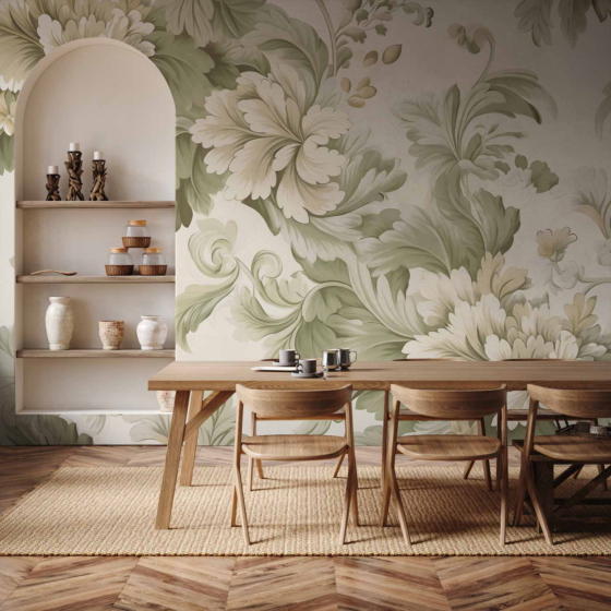 Φωτοταπετσαρια - Retro Vintage Flowers In Delicate Cream And Green Colors Αδιαβροχη 100x70cm