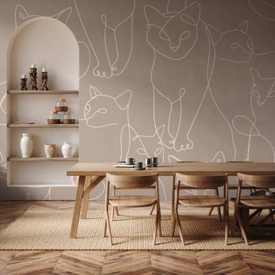 Φωτοταπετσαρια - Cat Lineart - Minimalist Sketches Of White Cats On Beige Background Αδιαβροχη 350x245cm