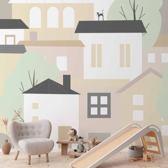 Φωτοταπετσαρια - Yellow Town - City Suburb With Trees And Cats For Children Αδιαβροχη 150x105cm