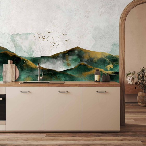Φωτοταπετσαρια - Abstract Landscape - Green Mountains With Golden Patterns And Birds Αδιαβροχη 300x210cm