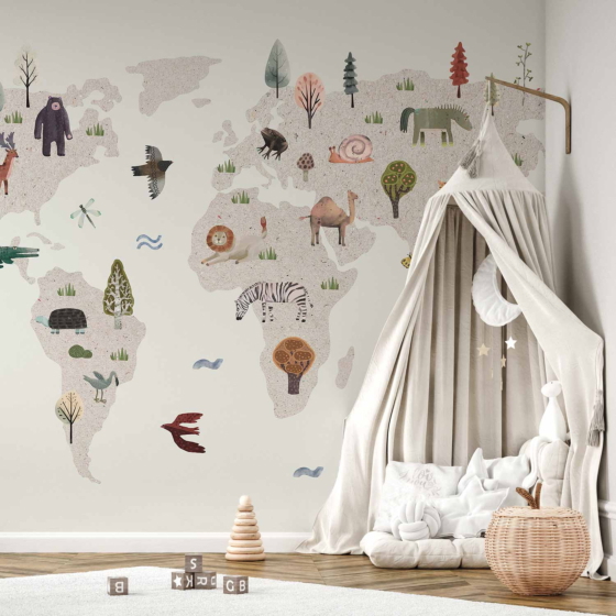 Φωτοταπετσαρια - Beige World - Continents With Animals In Muted Colours Αδιαβροχη 400x280cm