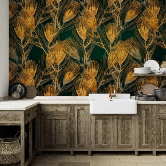 Φωτοταπετσαρια - Golden Peacock Feathers - Solid Background With Bird Pattern On Green Background Αδιαβροχη 300x210cm