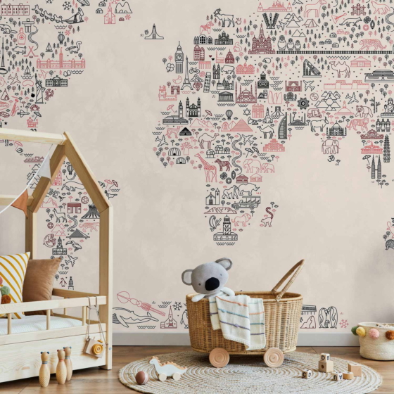 Φωτοταπετσαρια - Map With Icons - Cartoon Representation Of The World In Pastel Colours Αδιαβροχη 350x256cm