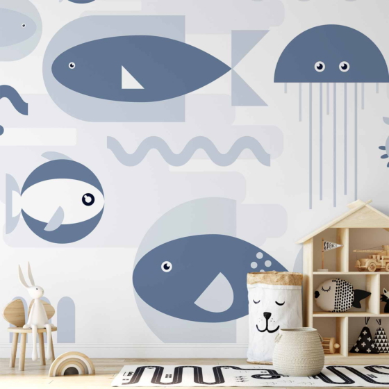 Φωτοταπετσαρια - Minimalist Ocean - Geometric Fish And Crabs In Water For Kids Αδιαβροχη 100x70cm
