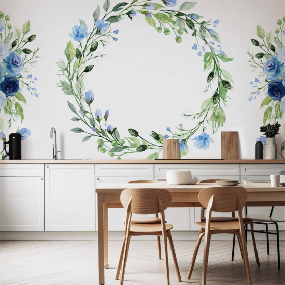 Φωτοταπετσαρια - Romantic Wreath - Plant Motif With Blue Flowers And Leaves Αδιαβροχη 350x245cm