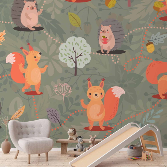 Φωτοταπετσαρια - Friends From The Forest - Colourful Forest With Mushrooms And Animals For Children Αδιαβροχη 300x210cm