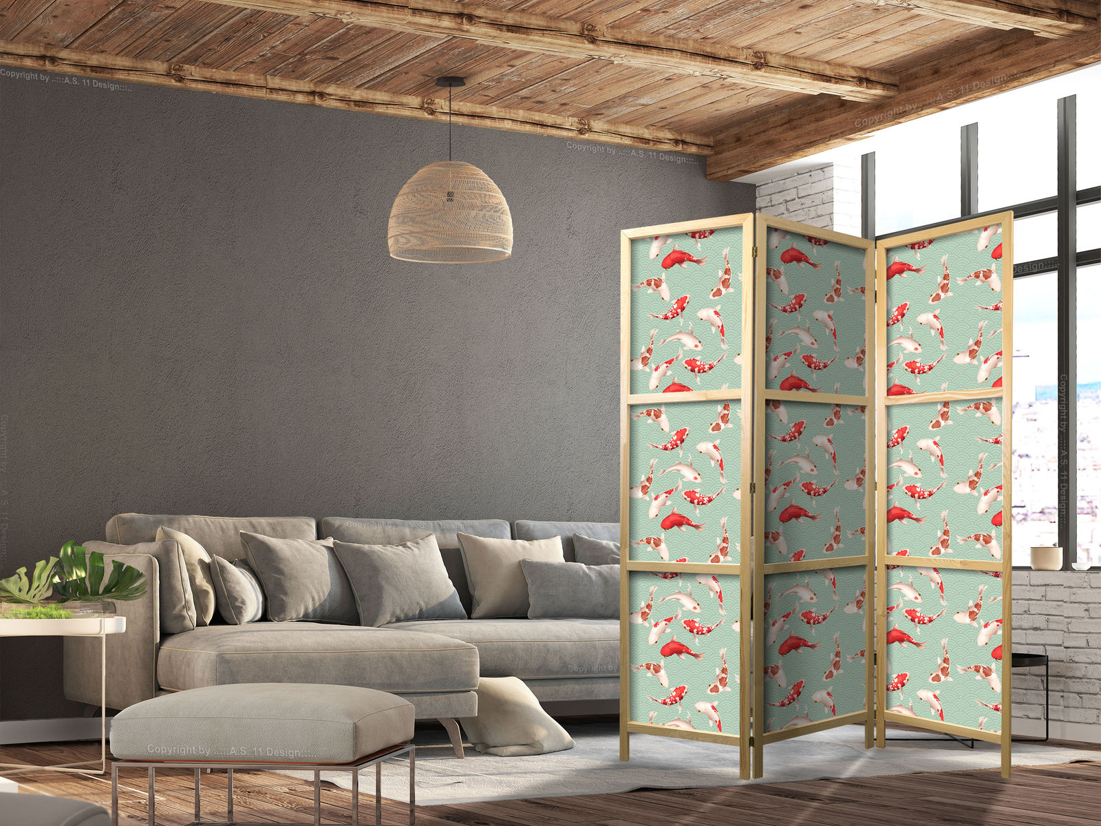 Ιαπωνικο Διαχωριστικο Δωματιου - Fish And Japanese Pattern - Koi Fish In Orange-cream Colors On A Green-mint Background With An Oriental Pattern 135x172cm