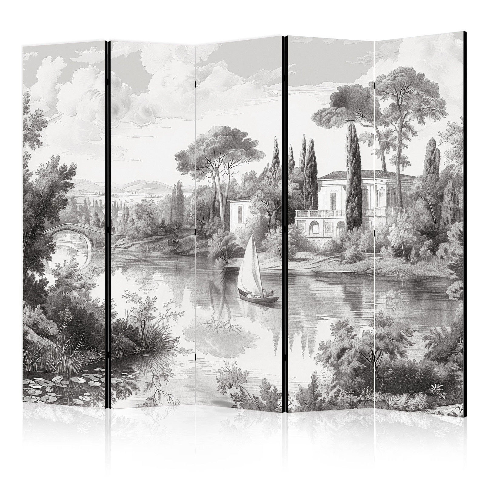 Διαχωριστικο Δωματιου - Black And White Vintage Landscape - Retro View Of A Pond With A Boat Μονης Οψης 225x172cm