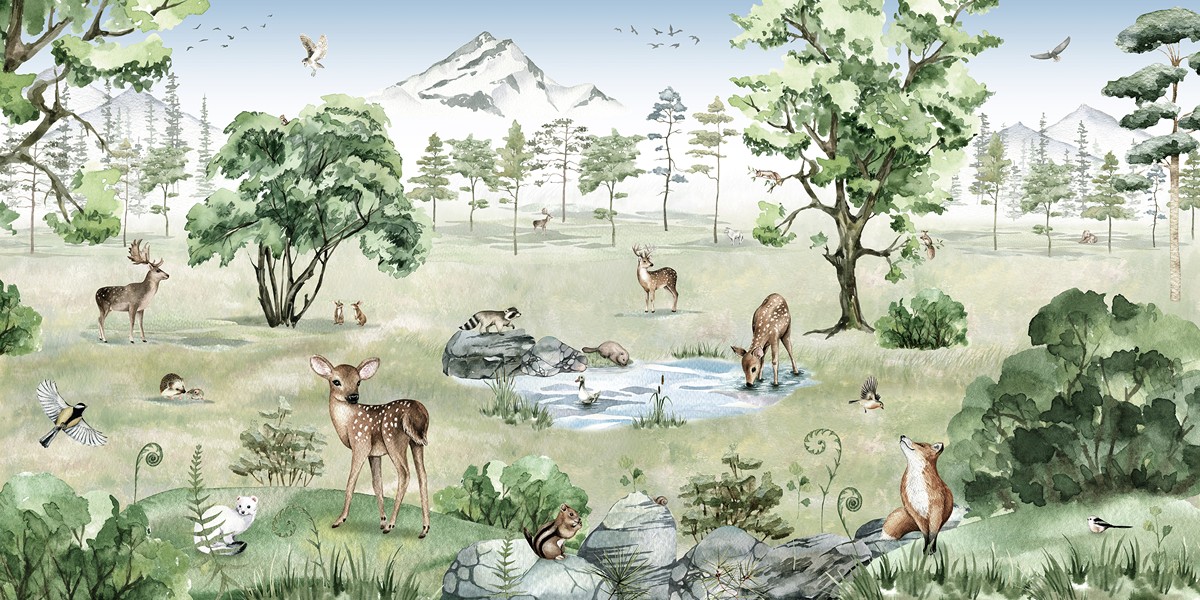 Deer Forest Summer Ταπετσαρια Τοιχου Πρασινο