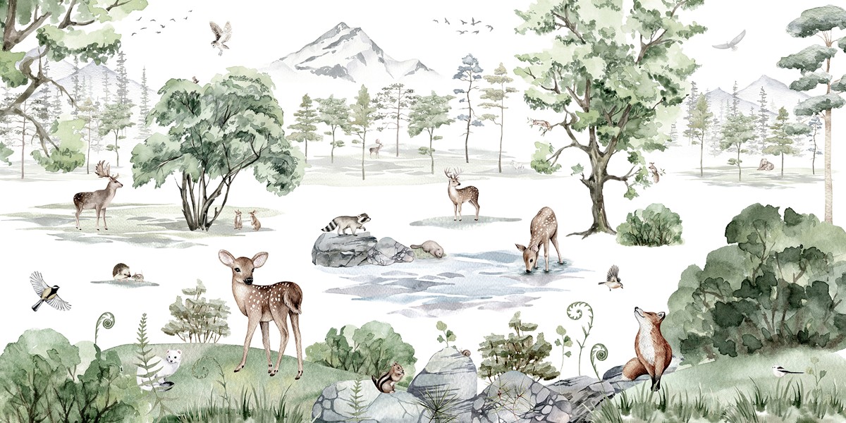 Deer Forest Winter Ταπετσαρια Τοιχου Πρασινο