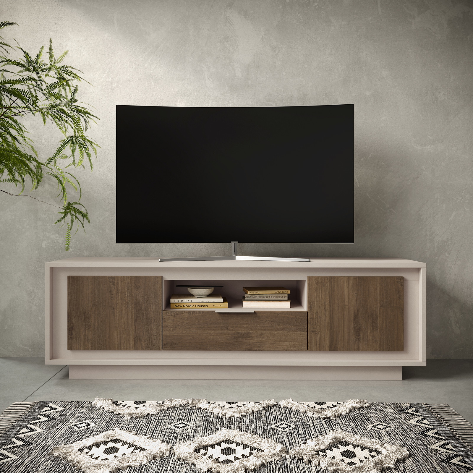 Lake Επιπλο Τηλεορασης Ανοιχτο Γκρι Μπεζ \ Σκουρο Καφε Ξυλο