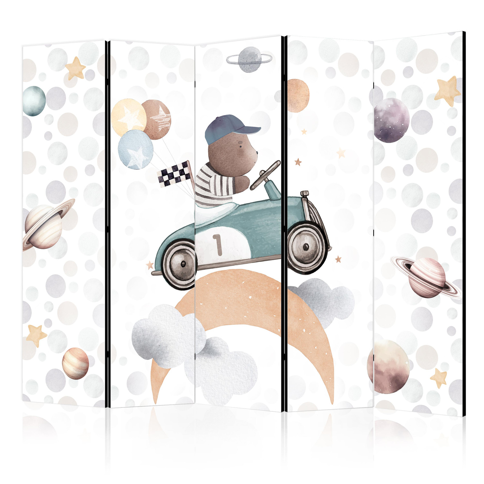 Διαχωριστικο Δωματιου - Galactic Races - Bear Participating In Car Races Among Planets - Clouds - And Stars In Pastel Hues Διπλης Οψης 225x172cm