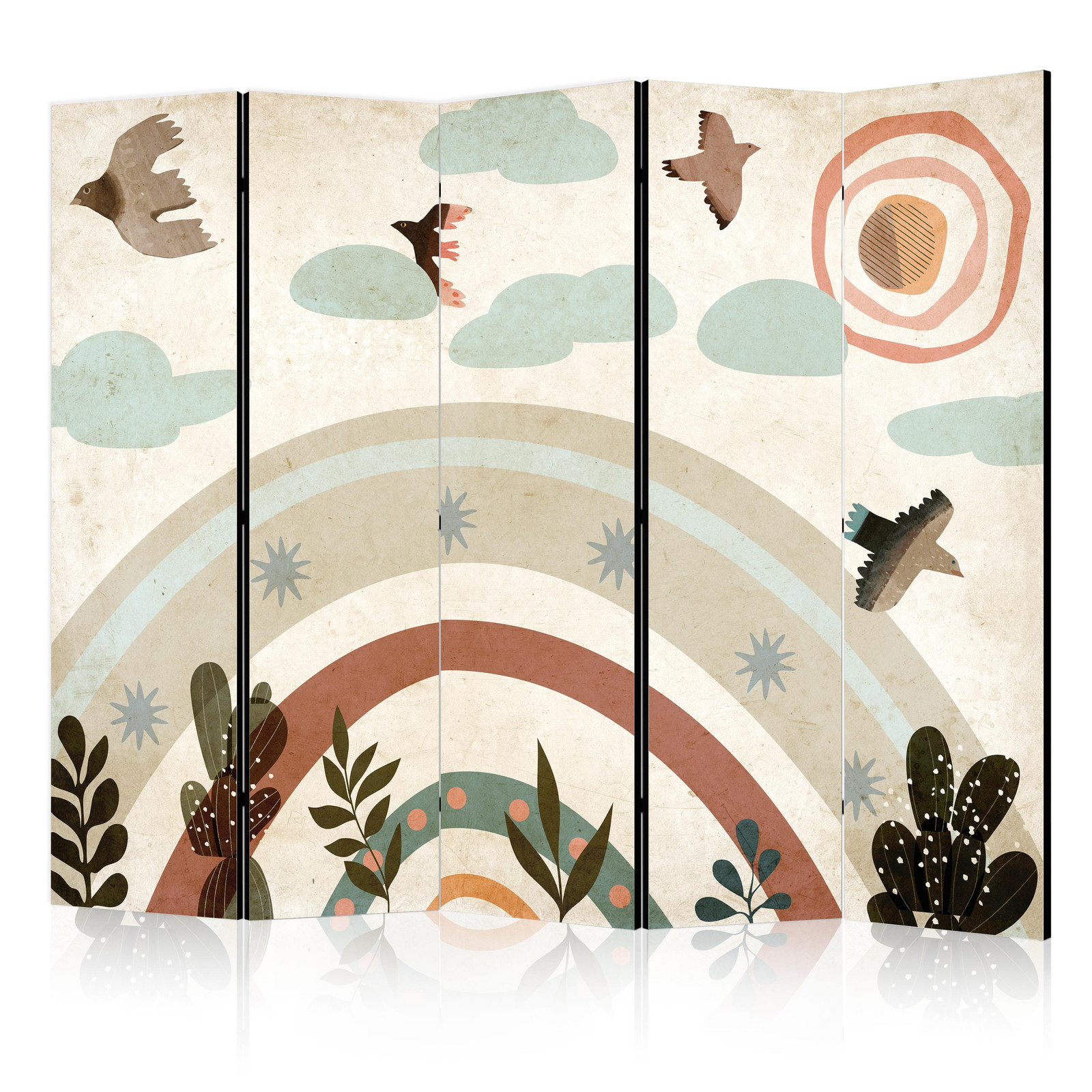 Διαχωριστικο Δωματιου - Sun Above The Rainbow - Birds In Subdued Colors Flying Among Clouds Above A Rainbow And Vegetation On A Light Beige Background Διπλης Οψης 225x172cm