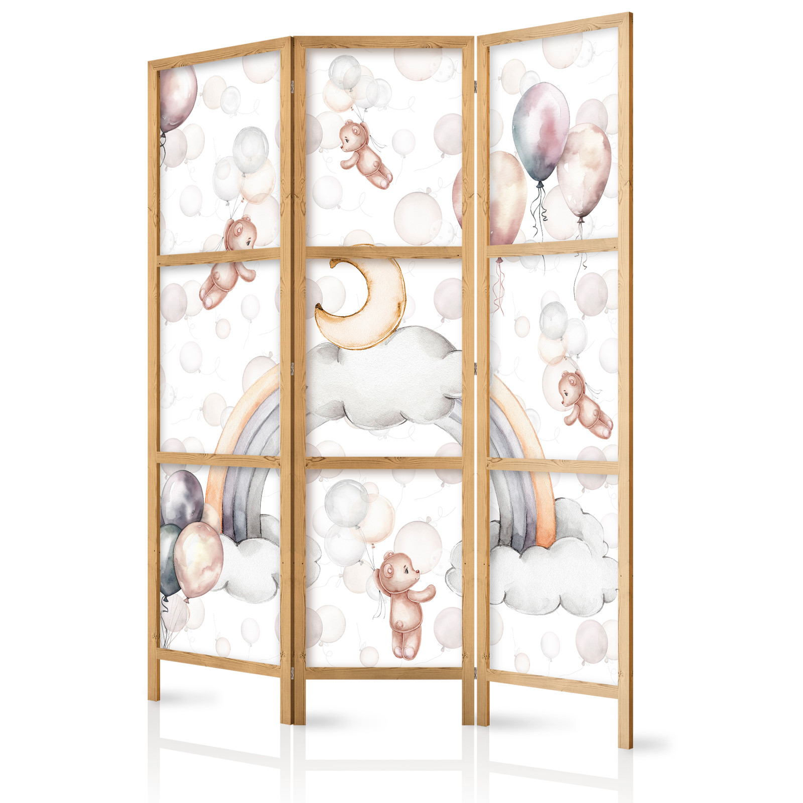 Ιαπωνικο Διαχωριστικο Δωματιου - Plush Bears With Balloons - Flying Light-brown Bears Among Balloons - Clouds - And Rainbows In Subdued - Pastel Colors 135x172cm