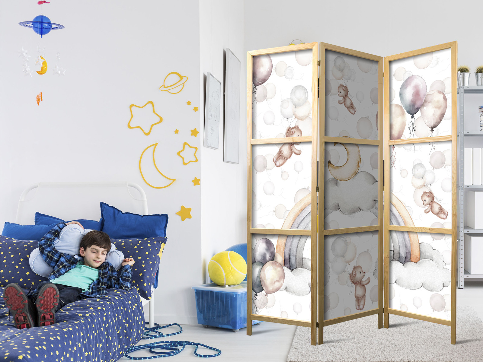 Ιαπωνικο Διαχωριστικο Δωματιου - Plush Bears With Balloons - Flying Light-brown Bears Among Balloons - Clouds - And Rainbows In Subdued - Pastel Colors 135x172cm