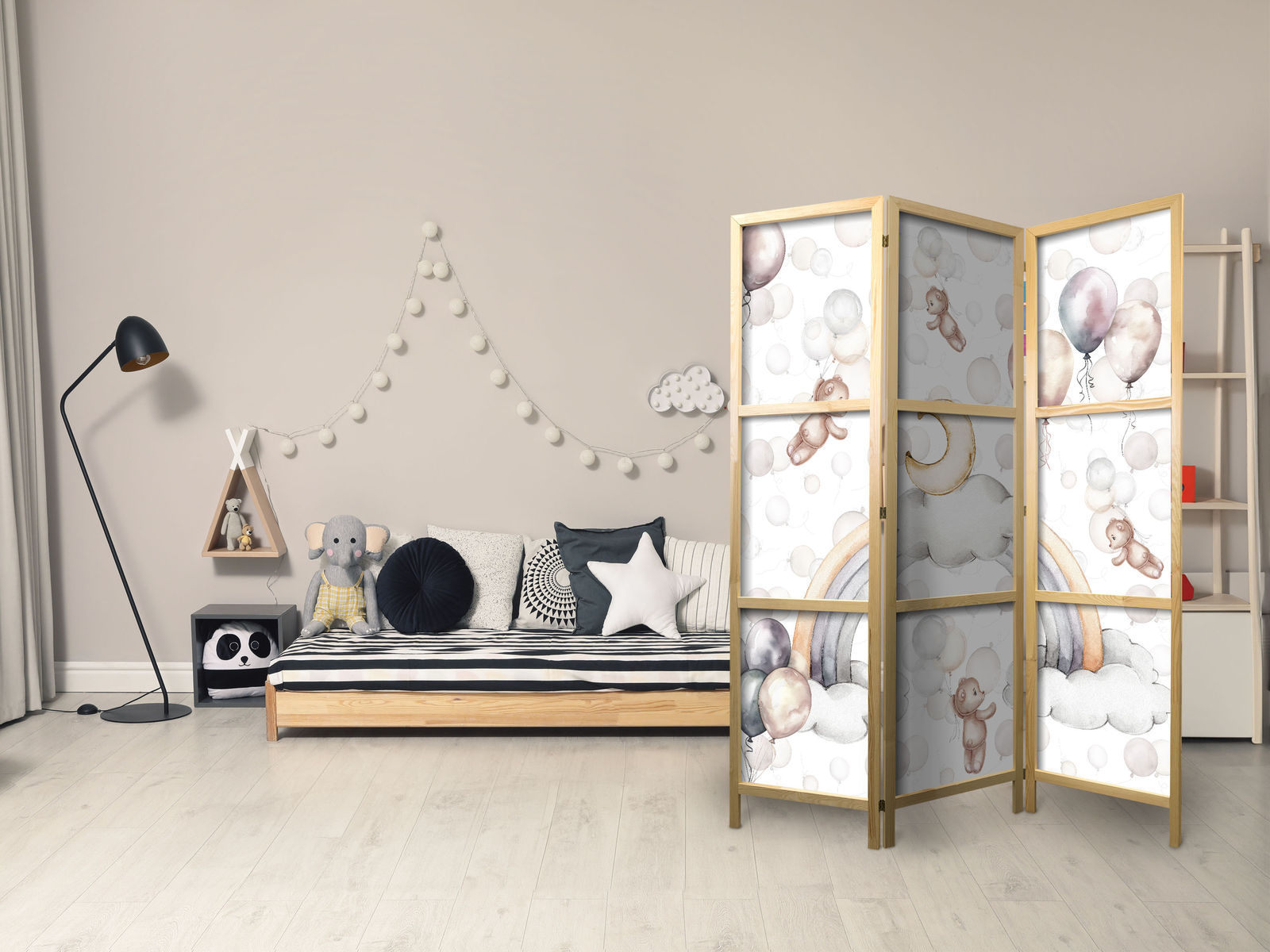Ιαπωνικο Διαχωριστικο Δωματιου - Plush Bears With Balloons - Flying Light-brown Bears Among Balloons - Clouds - And Rainbows In Subdued - Pastel Colors 135x172cm