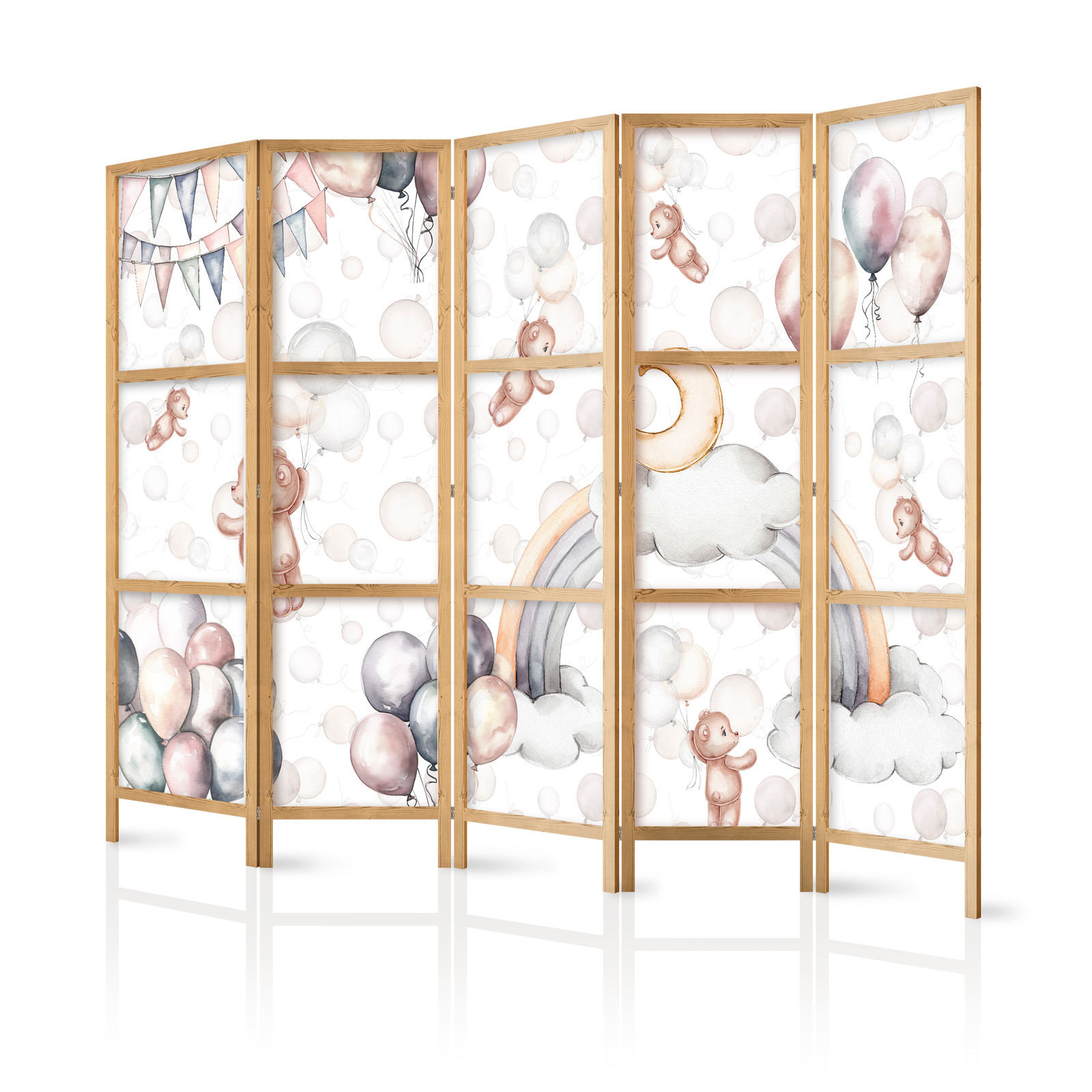Ιαπωνικο Διαχωριστικο Δωματιου - Plush Bears With Balloons - Flying Light-brown Bears Among Balloons - Clouds - And Rainbows In Subdued - Pastel Colors 225x172cm