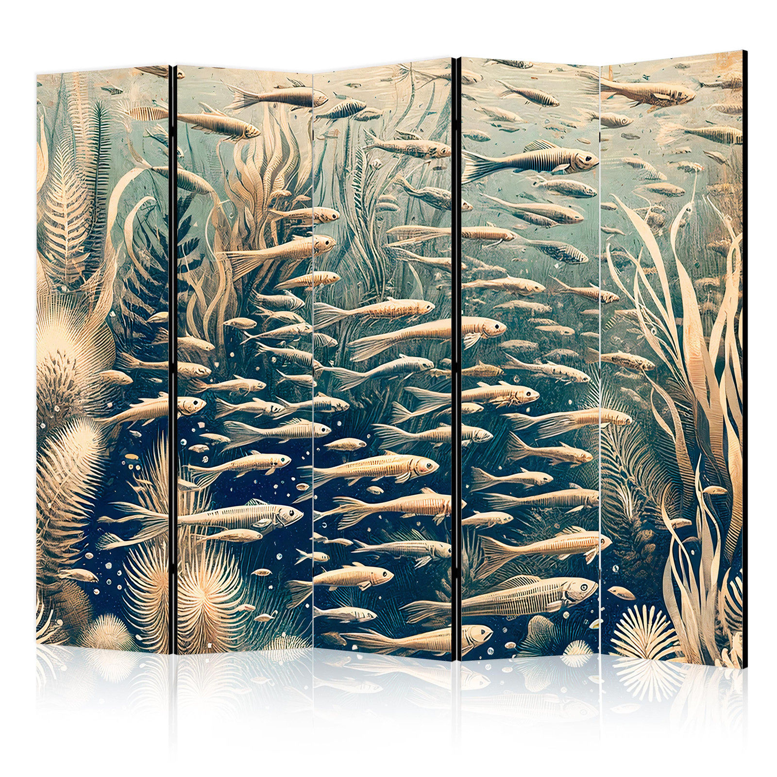 Διαχωριστικο Δωματιου - Life In The Ocean - Underwater World Of Fish And Vegetation In Beige And Navy Colors In Retro Style Ηχοαπορροφητικο 225x172cm