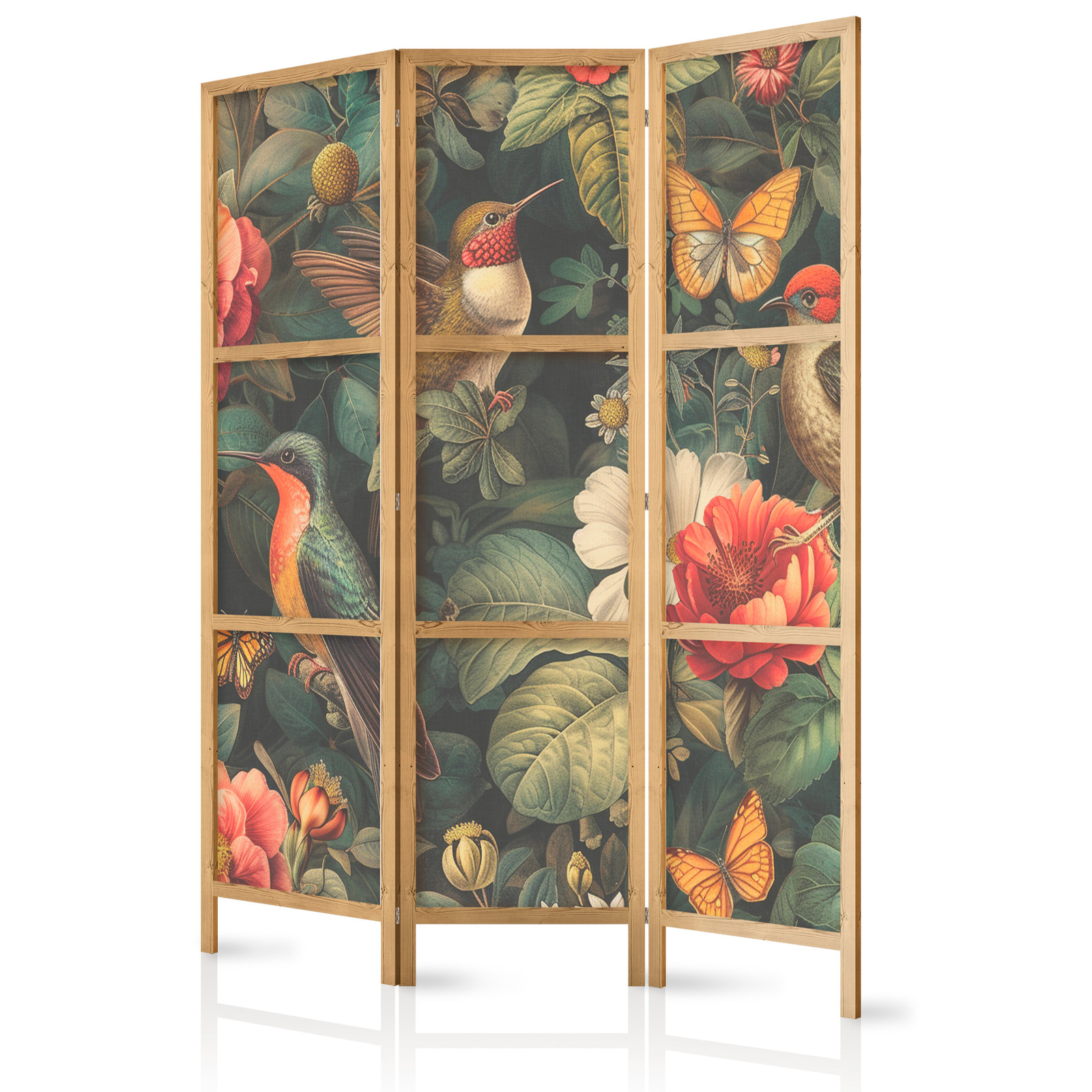 Ιαπωνικο Διαχωριστικο Δωματιου - In The Botanical Garden - Flowers Birds And Butterflies - Colorful Illustration 135x172cm