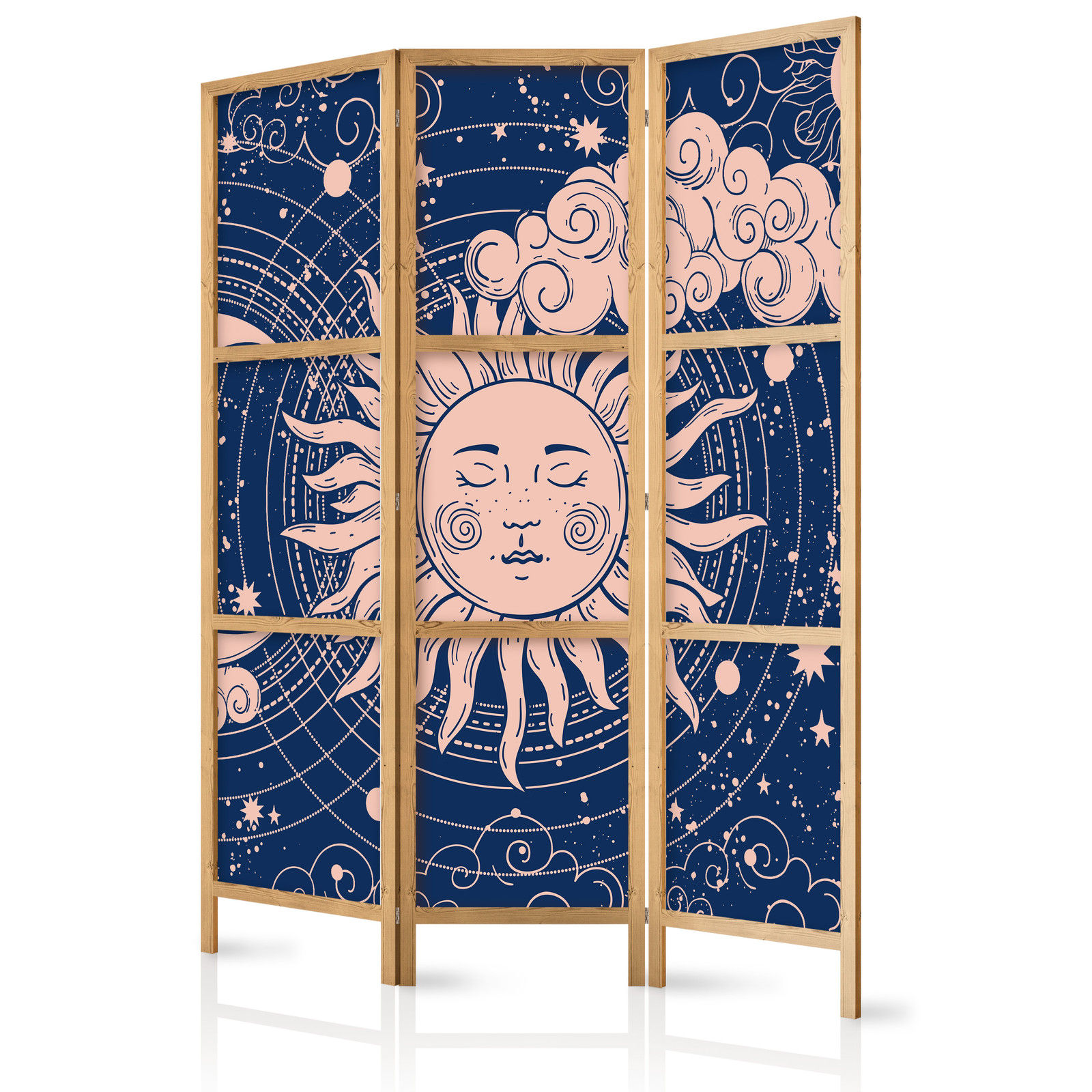 Ιαπωνικο Διαχωριστικο Δωματιου - Cosmic Harmony - Illustration Of The Sun And Moon On A Navy Background 135x172cm