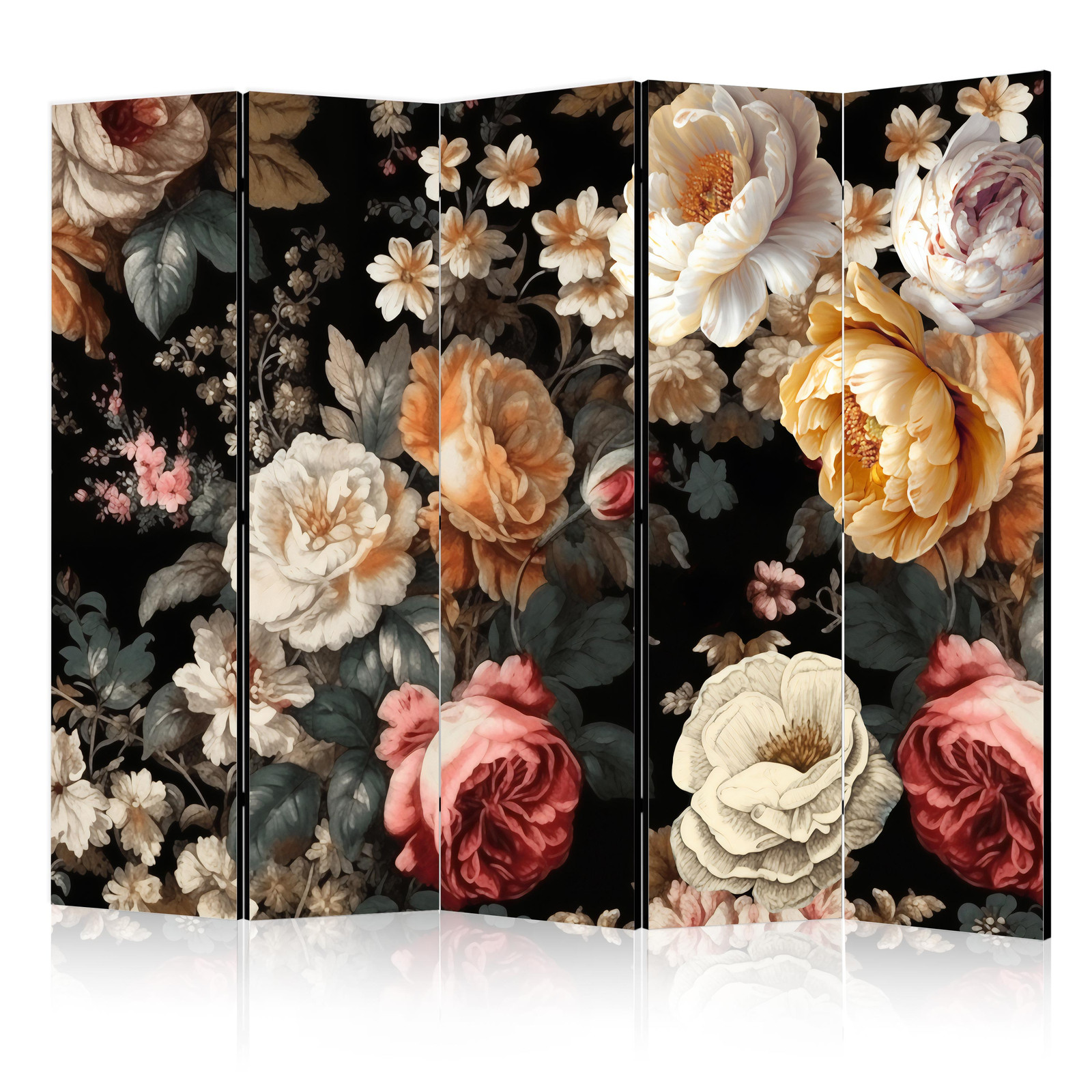 Διαχωριστικο Δωματιου - Floristry In Vintage Style - A Plethora Of Colorful Flowers On A Black Background Ηχοαπορροφητικο 225x172cm