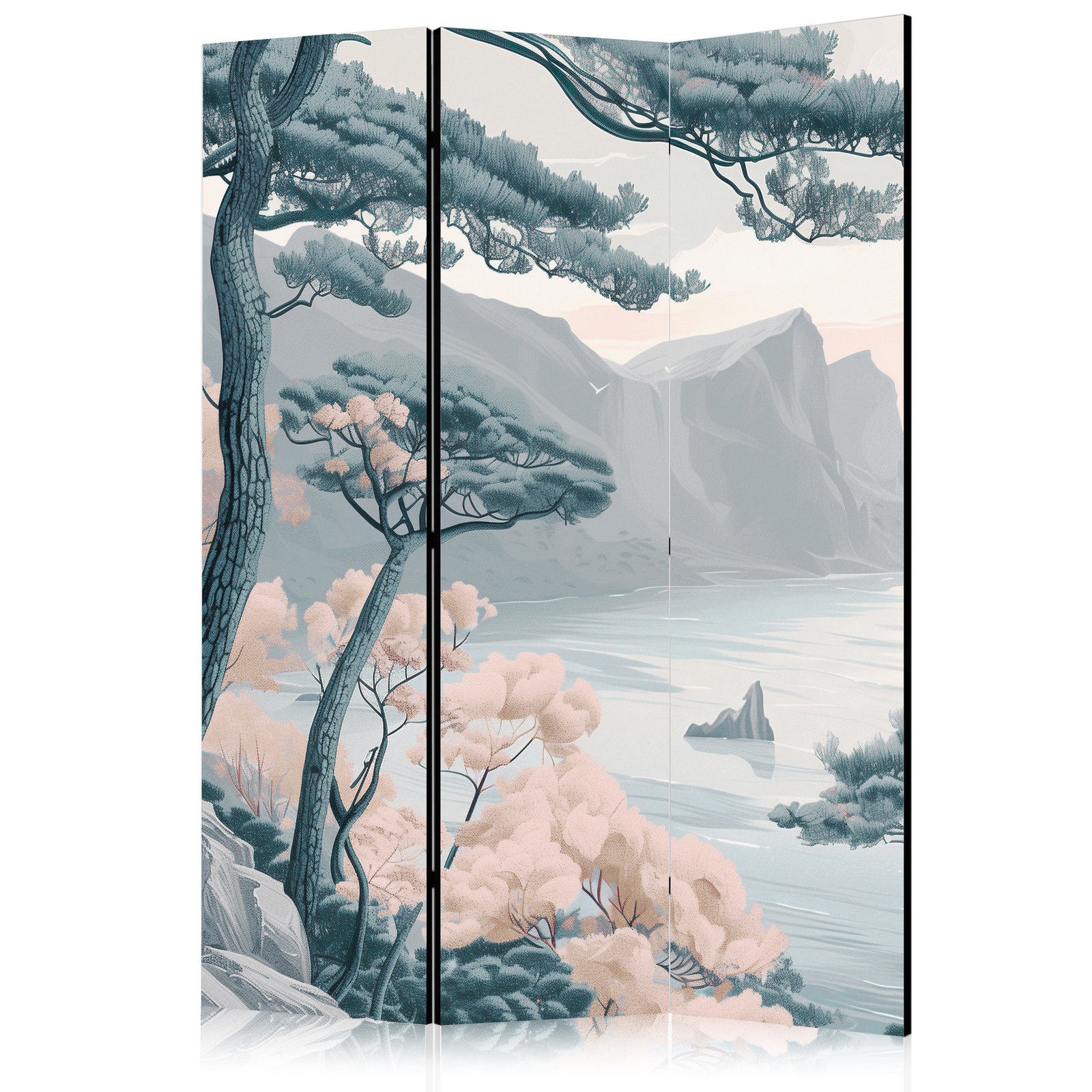 Διαχωριστικο Δωματιου - Mountainous Coast With Trees And Rocks - In Light Pastel Blues Μονης Οψης 135x172cm