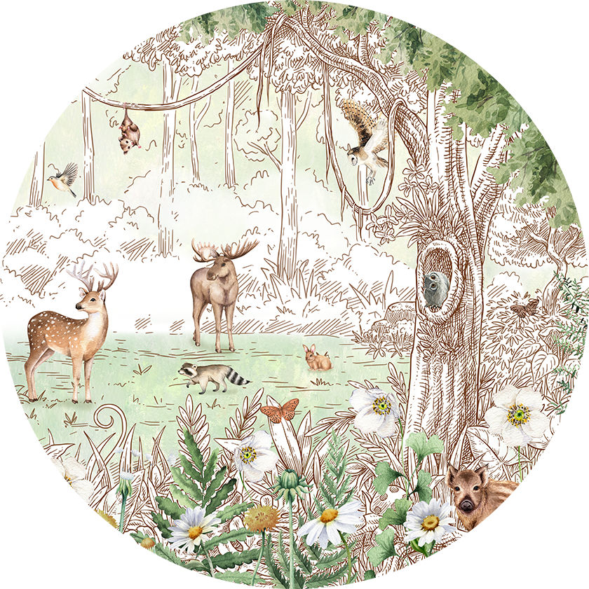 Forest Friends Spring Ταπετσαρια Τοιχου Πρασινο Στρογγυλη Διαφορα Μεγεθη 