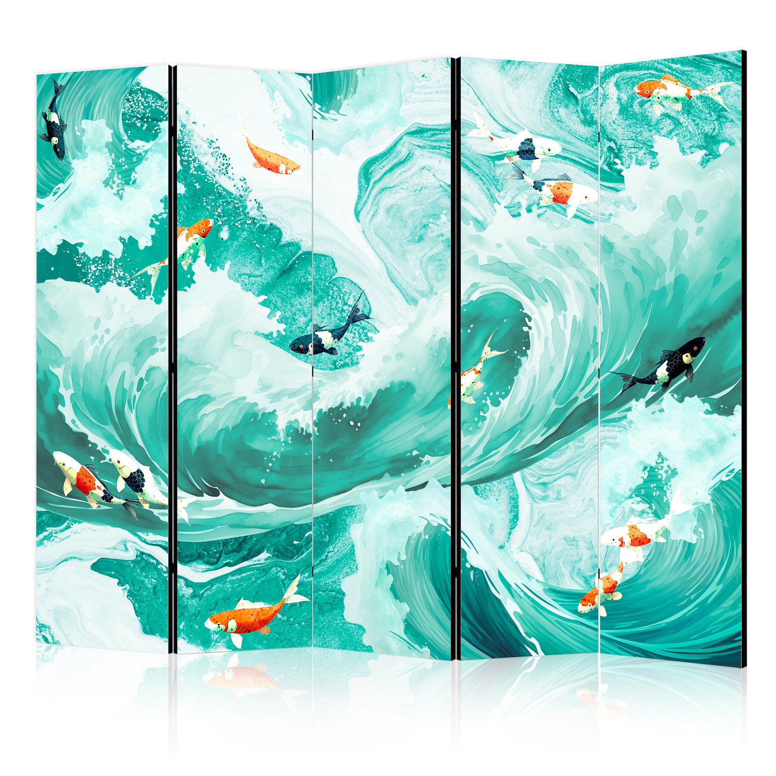 Διαχωριστικο Δωματιου - Koi Fish Among Waves - Japanese Fish Amid Waves In Shades Of Turquoise And White Μονης Οψης 225x172cm
