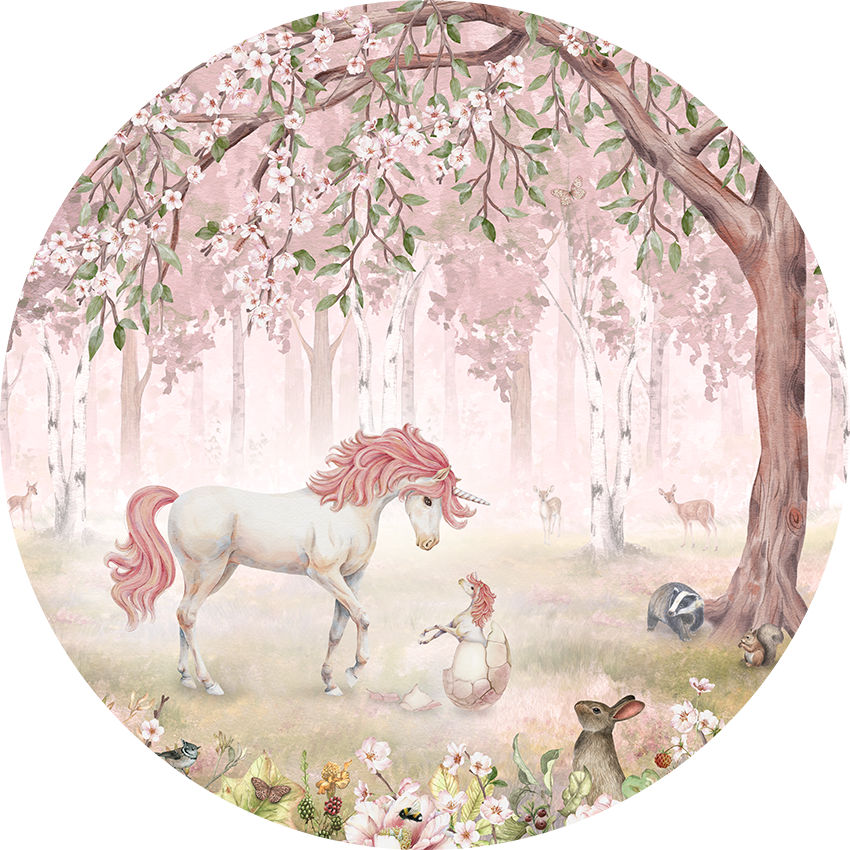 Unicorn Forest Ταπετσαρια Τοιχου Ροζ Στρογγυλη Διαφορα Μεγεθη 